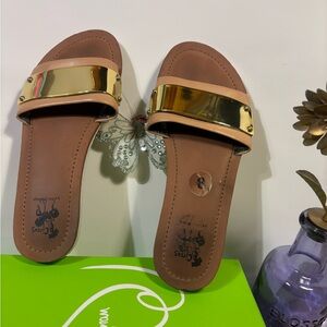 Sam Edelman Gold and Tan Slide Sandals